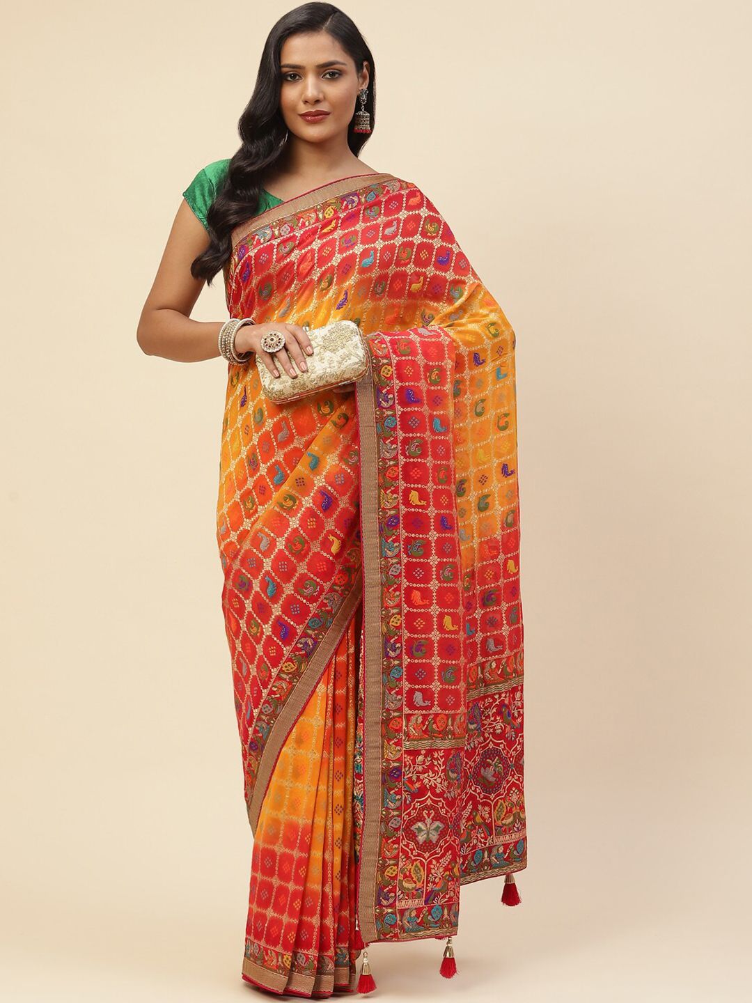 Meena Bazaar Red & Gold-Toned Woven Design Zari Art Silk Banarasi Saree Price in India