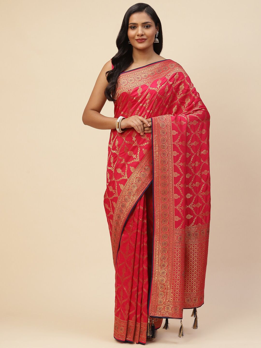 Meena Bazaar Red & Gold-Toned Woven Design Art Silk Banarasi Saree Price in India