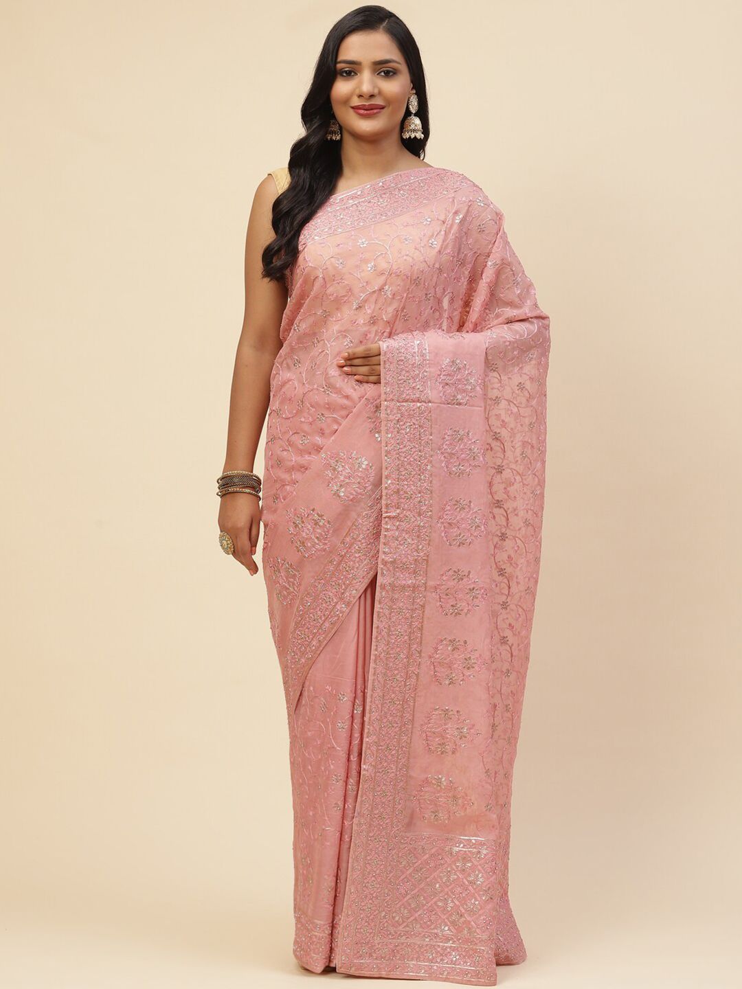 Meena Bazaar Pink & Silver-Toned Floral Sequinned Organza Saree Price in India