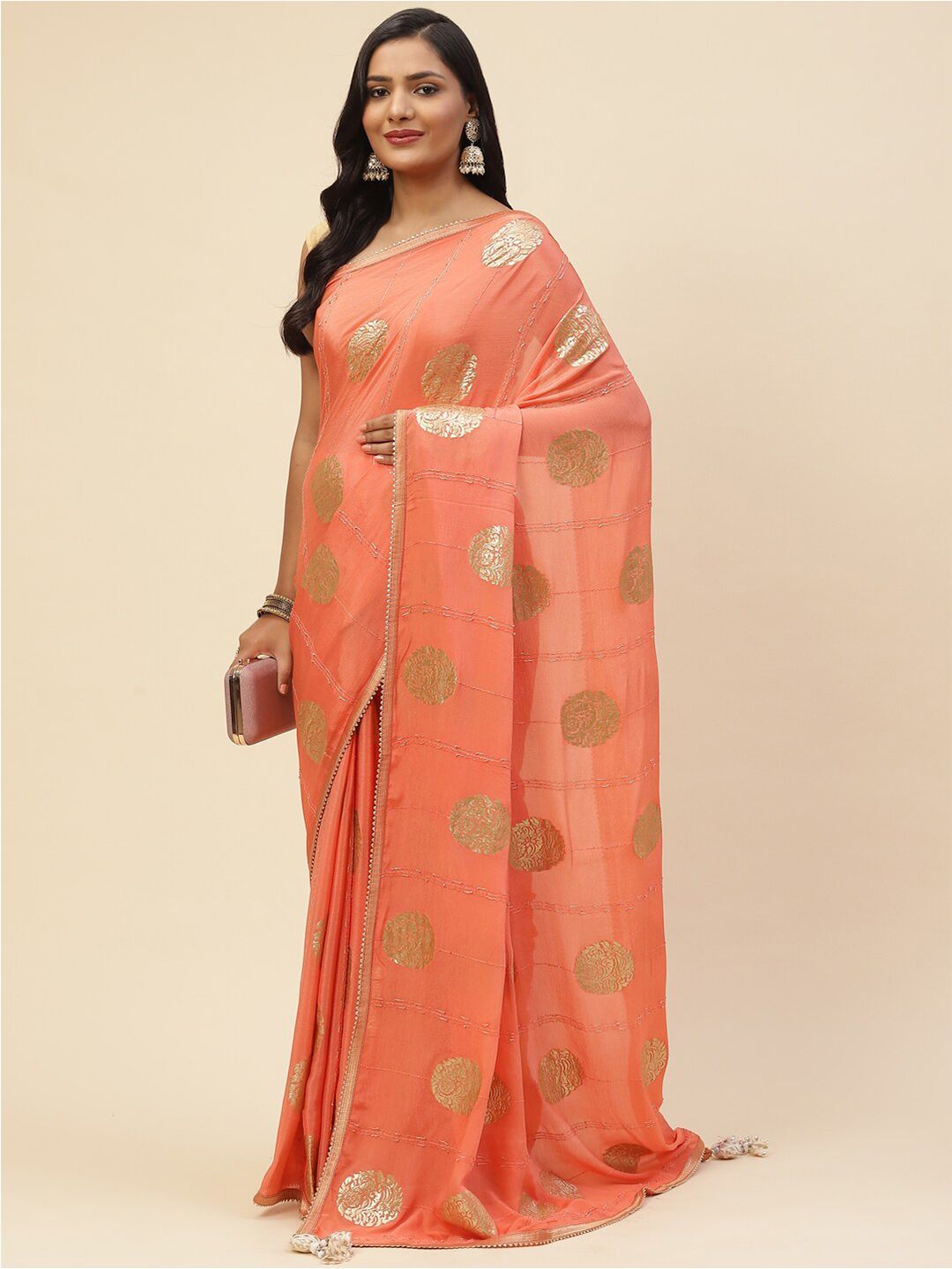 Meena Bazaar Peach-Coloured & Gold-Toned Woven Design Zari Saree Price in India