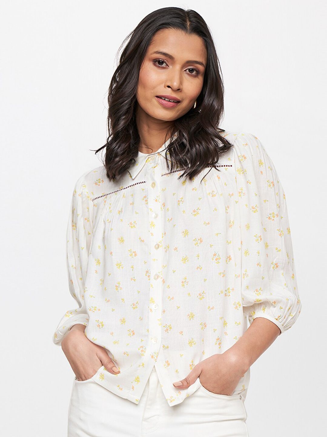 AND White Floral Printed Cotton Shirt Style Top Price in India