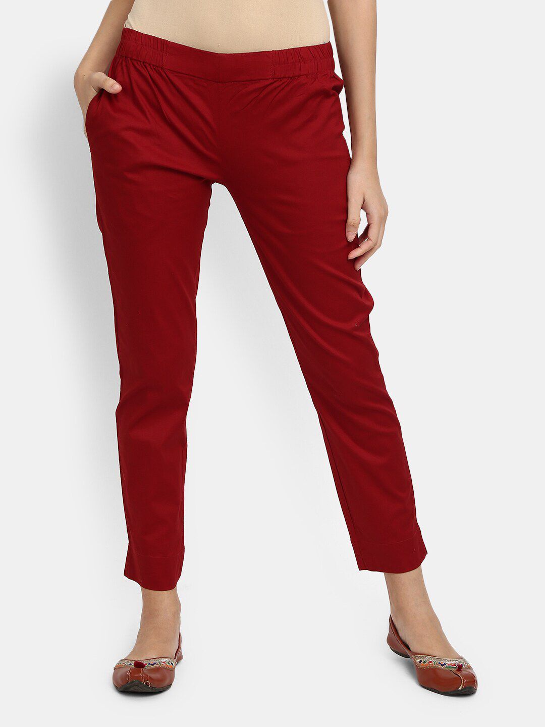 V-Mart Women Maroon Solid Cotton Trousers Price in India