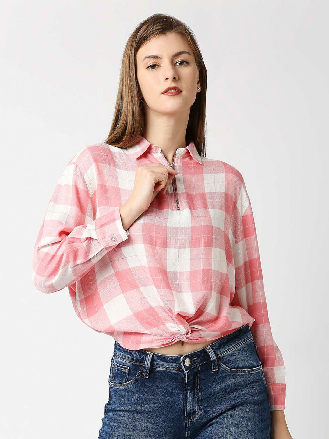 Pepe Jeans Women Pink Checked Shirt Style Top Price in India