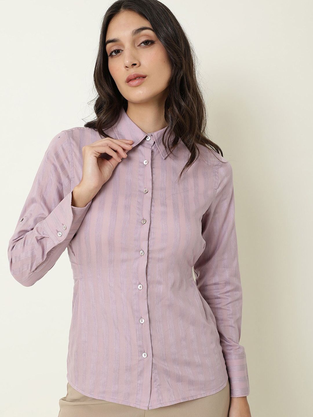 RAREISM Lavender Striped Cotton Blend Shirt Style Top Price in India