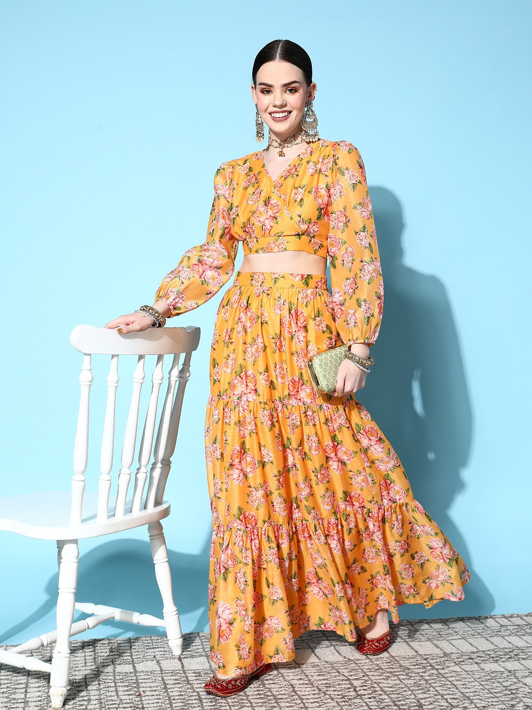 Shae by SASSAFRAS Women Yellow & Green Printed Ready to Wear Lehenga Choli Price in India