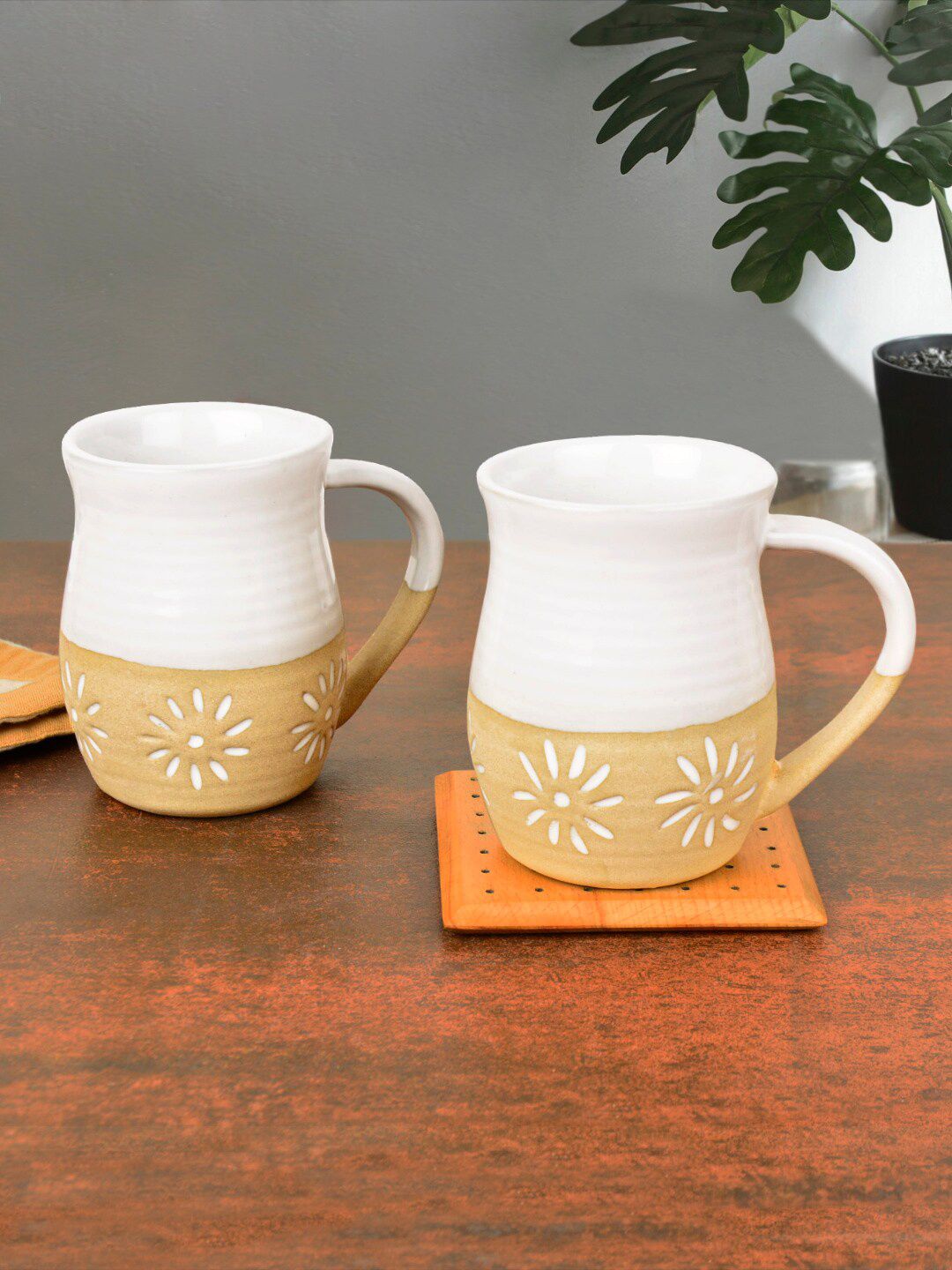 StyleMyWay Ceramic Ripple Off White Floral Ceramic Microwave Safe 2 Piece Mugs-280ml