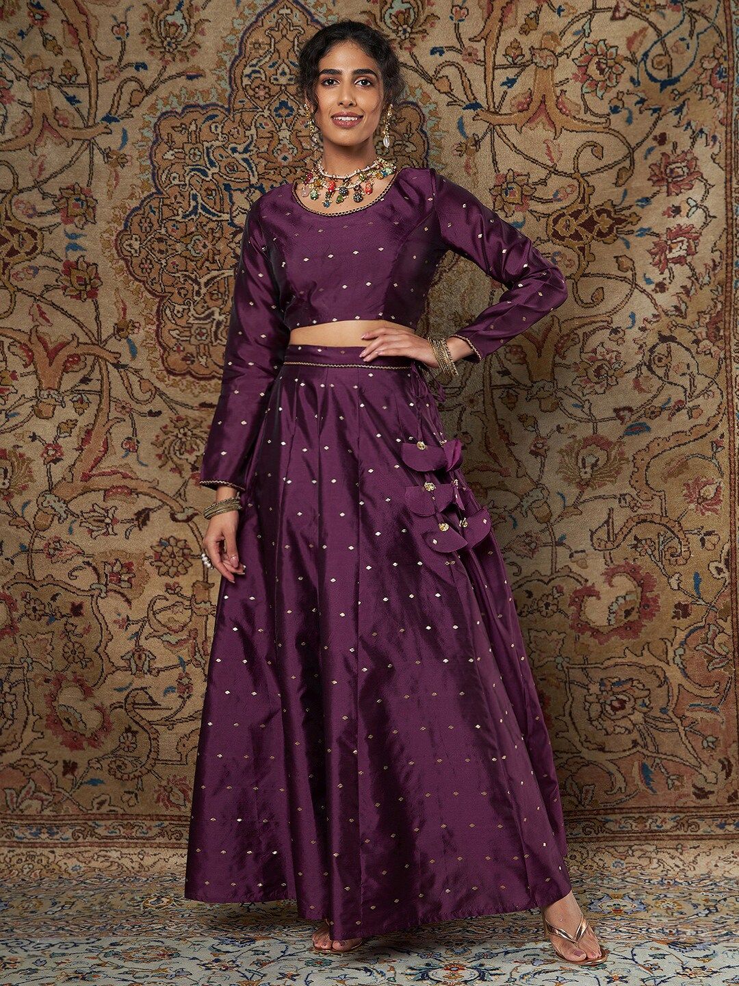 Shae by SASSAFRAS Women Purple & Gold-Toned Ready to Wear Lehenga Choli Price in India