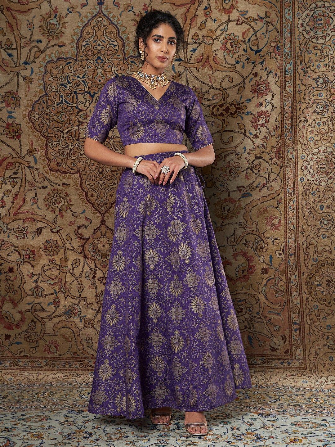 Shae by SASSAFRAS Women Purple & Gold-Toned Ready to Wear Lehenga Choli Price in India