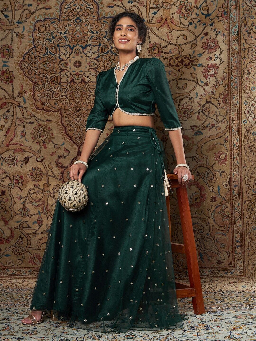 Shae by SASSAFRAS Women Green & Gold-Toned Ready to Wear Lehenga Choli Price in India