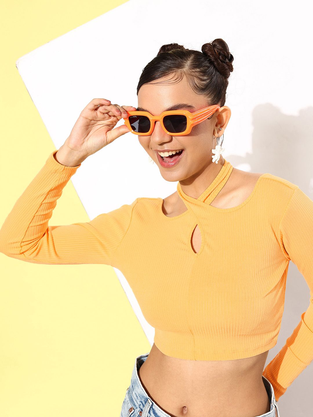 4WRD by Dressberry Canary Yellow Halter Neck Ribbed 90's Hollaback Cutout Course Crop Top Price in India
