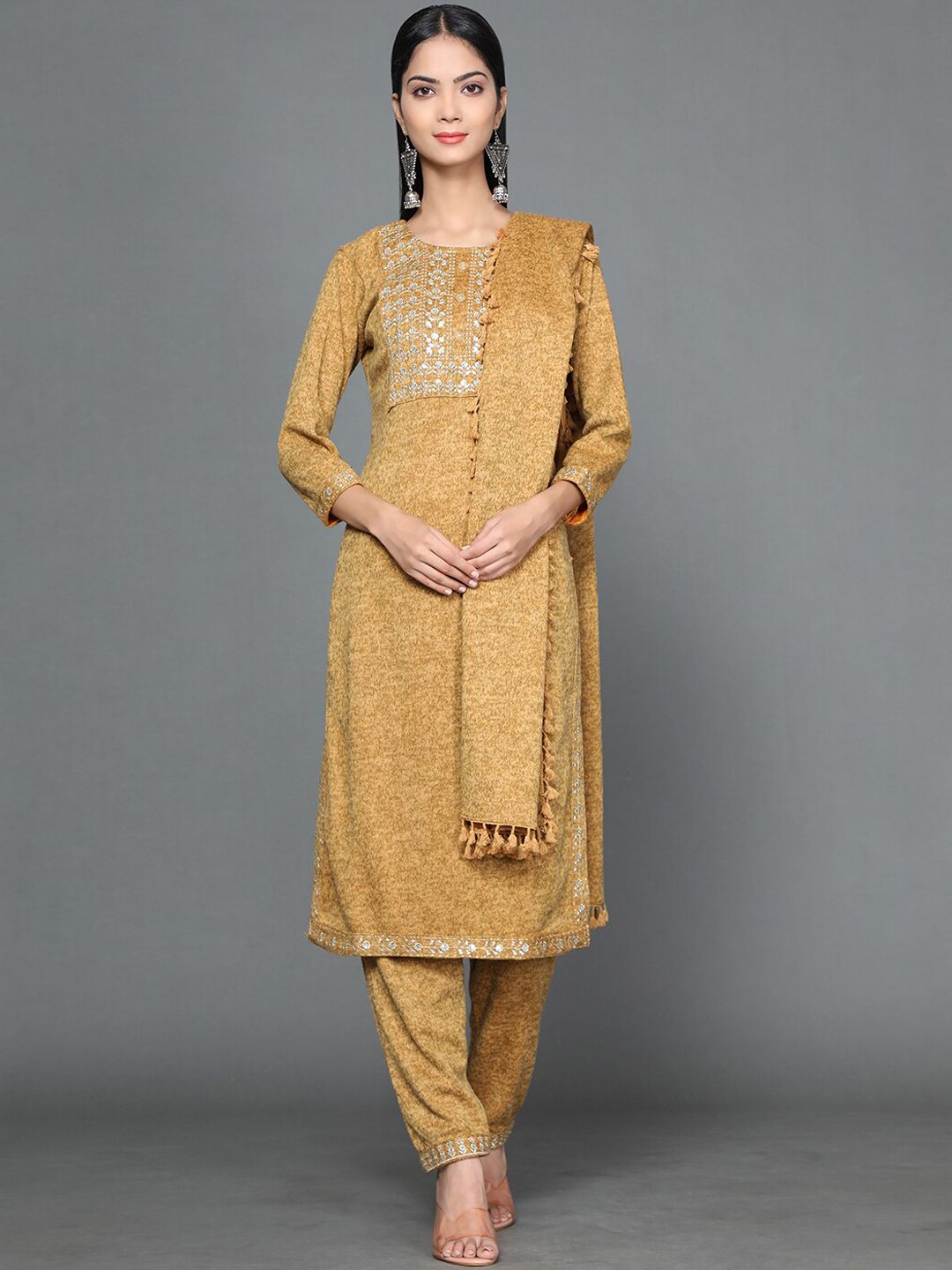 Ziva Fashion Women Mustard Yellow Yoke Design Sequinned Pure Wool Kurta with Trousers & With Dupatta Price in India