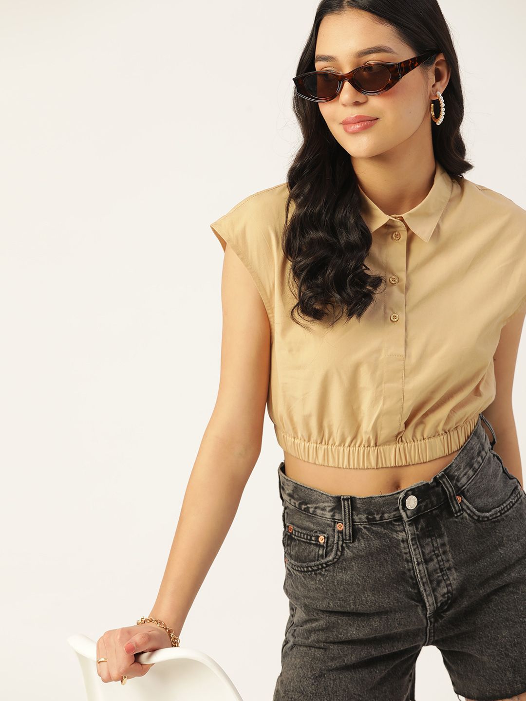 DressBerry Pure Cotton Extended Sleeves Shirt Style Crop Top Price in India