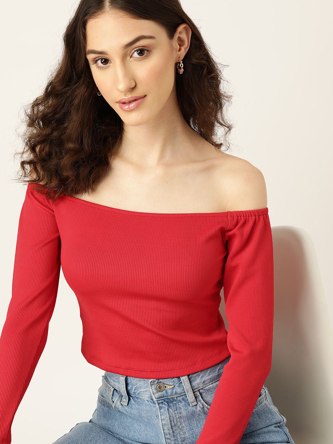 DressBerry Ribbed Off-Shoulder Bardot Crop Top Price in India