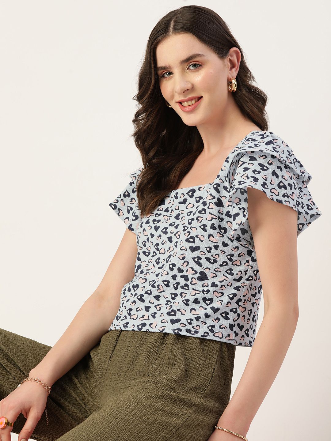 DressBerry  Square Neck Conversational Print Ruffles Top Price in India
