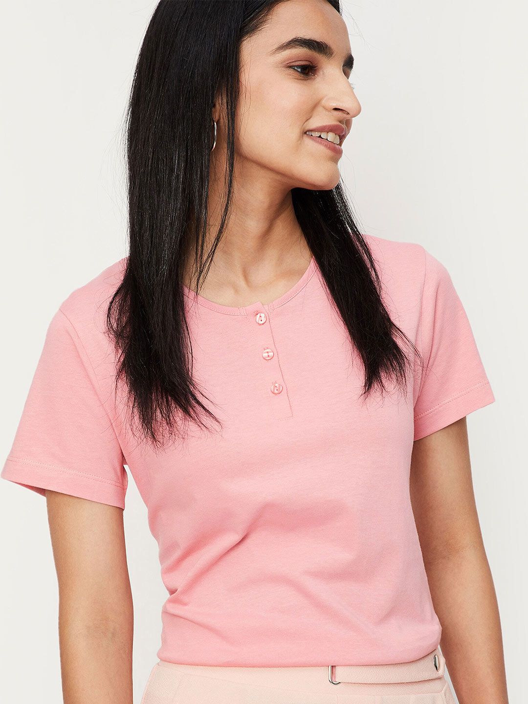 max Women Pink Solid Round Neck Cotton Top Price in India
