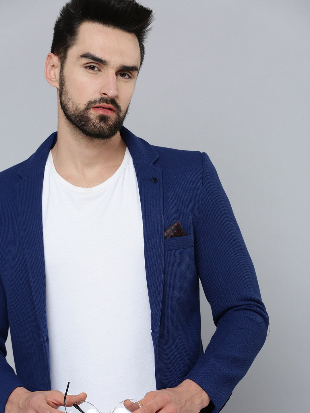 SHOWOFF Men Blue Self Design Single-Breasted Slim-Fit Blazer