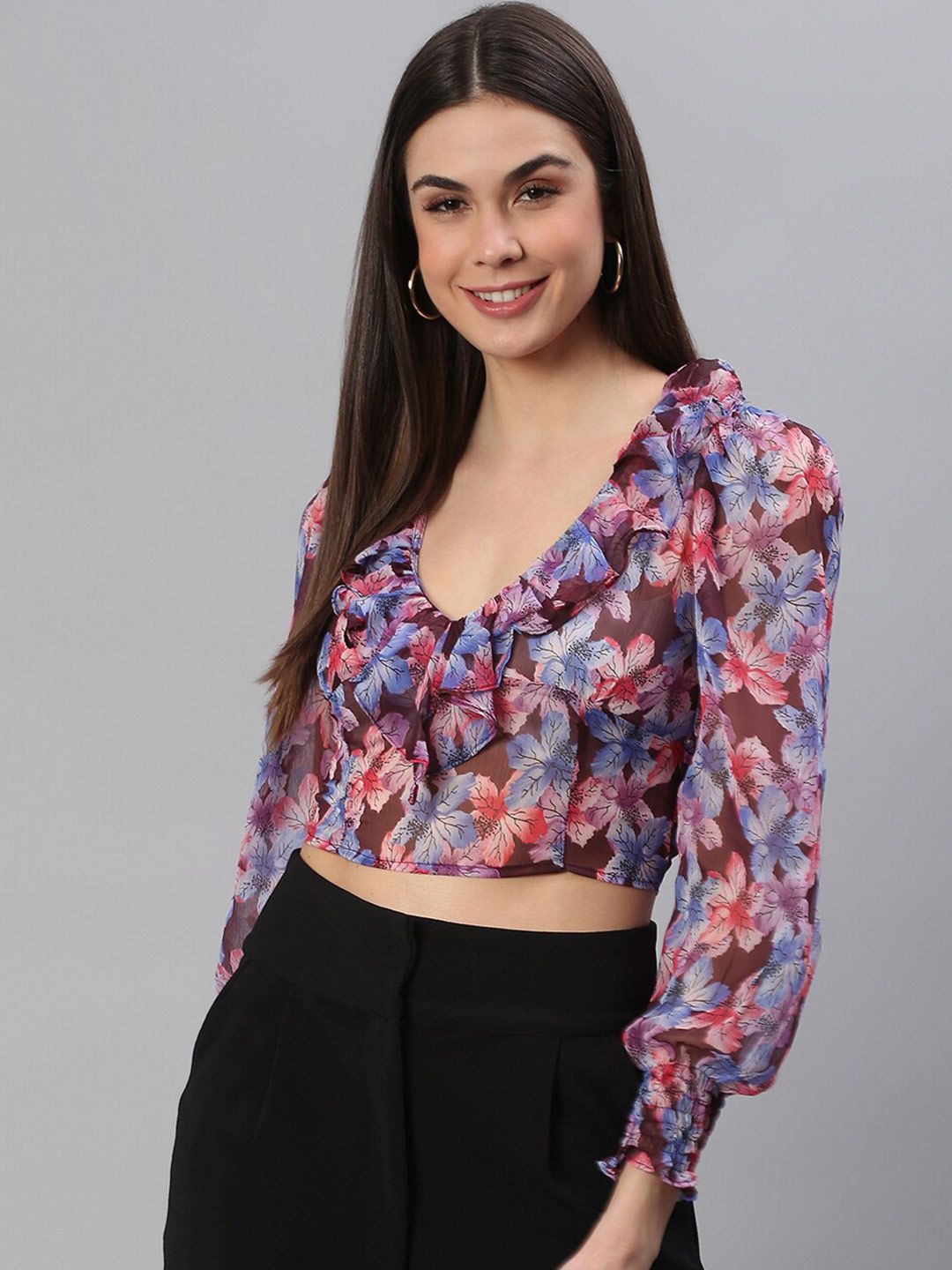 SCORPIUS Women Purple Floral Print Chiffon Wrap Crop Top Price in India