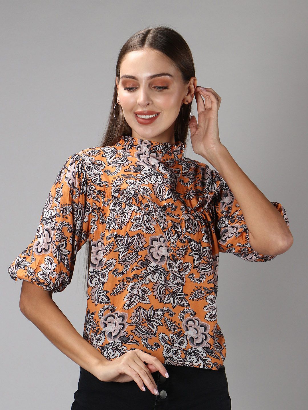 Amagyaa Orange Floral Printed Cotton Top Price in India