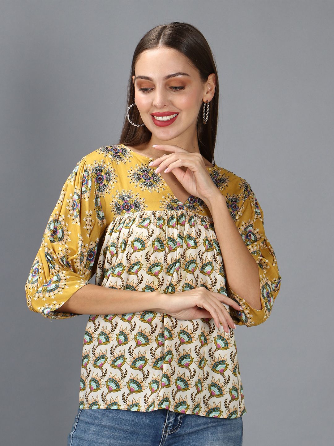 Amagyaa Yellow Floral Printed Cotton Top Price in India