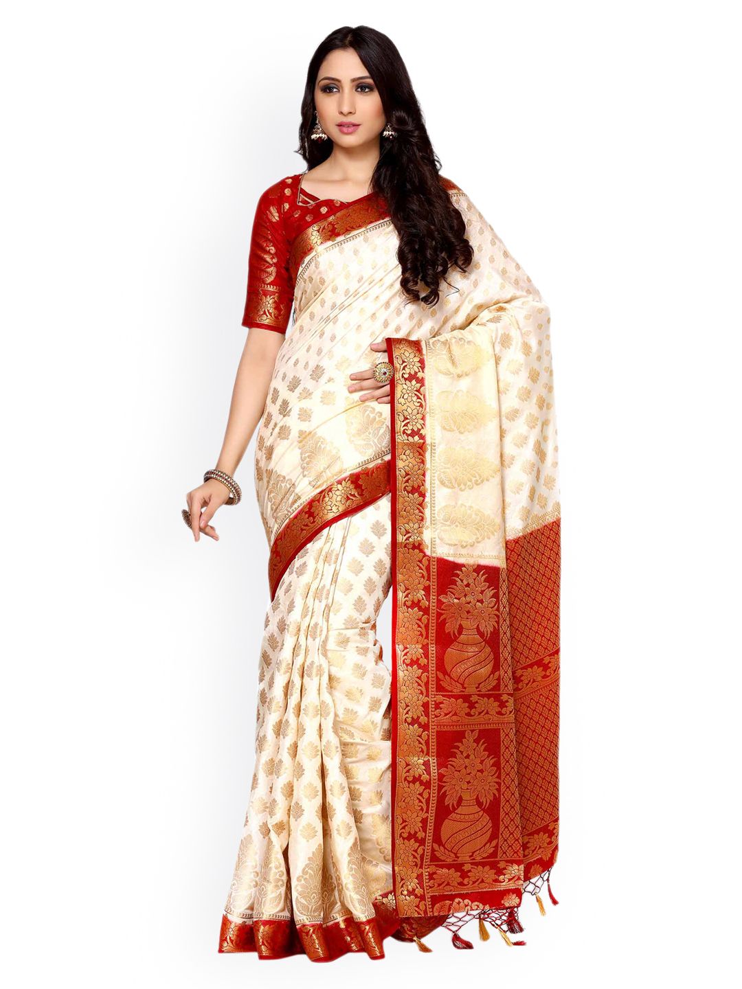 MIMOSA Off-White Art Silk Woven Design Kanjeevaram Saree