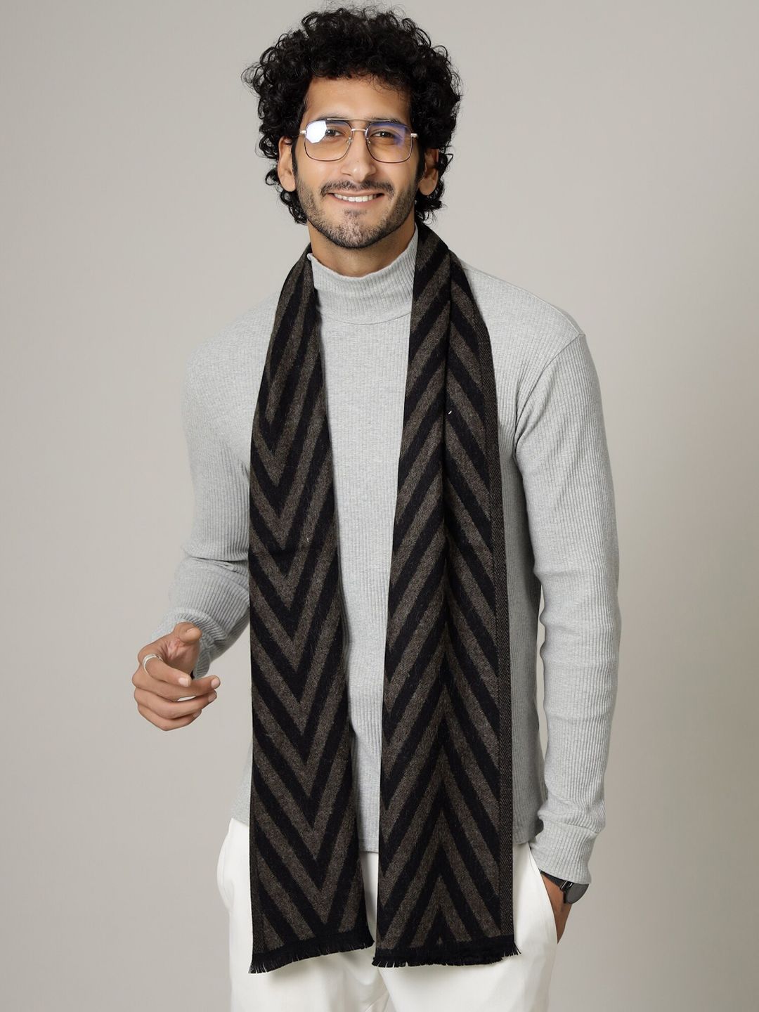 HANDICRAFT PALACE Men Black & Brown Self Design Winter Mufflers
