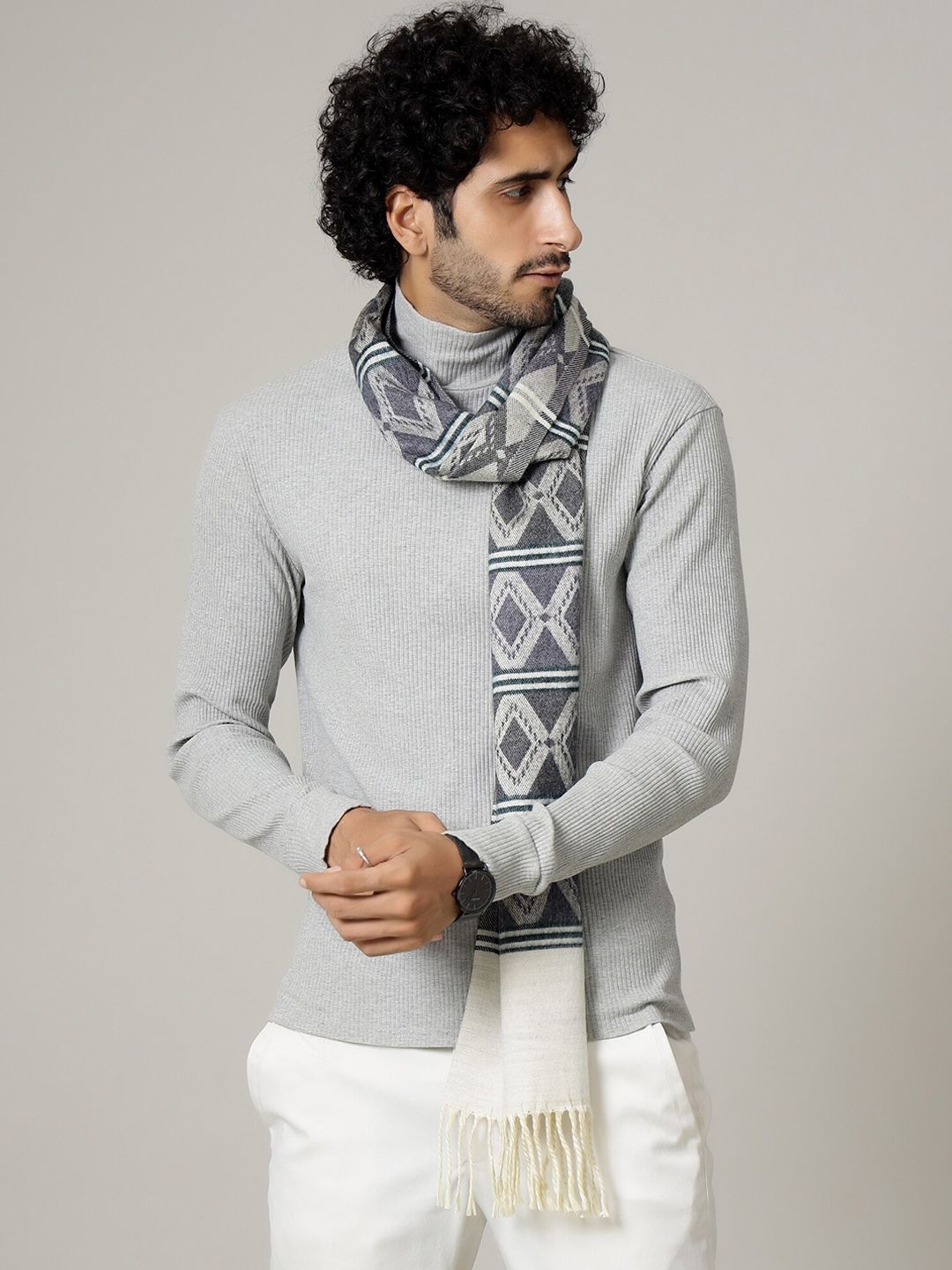 HANDICRAFT PALACE Men White & Grey Self-Design Mufflers