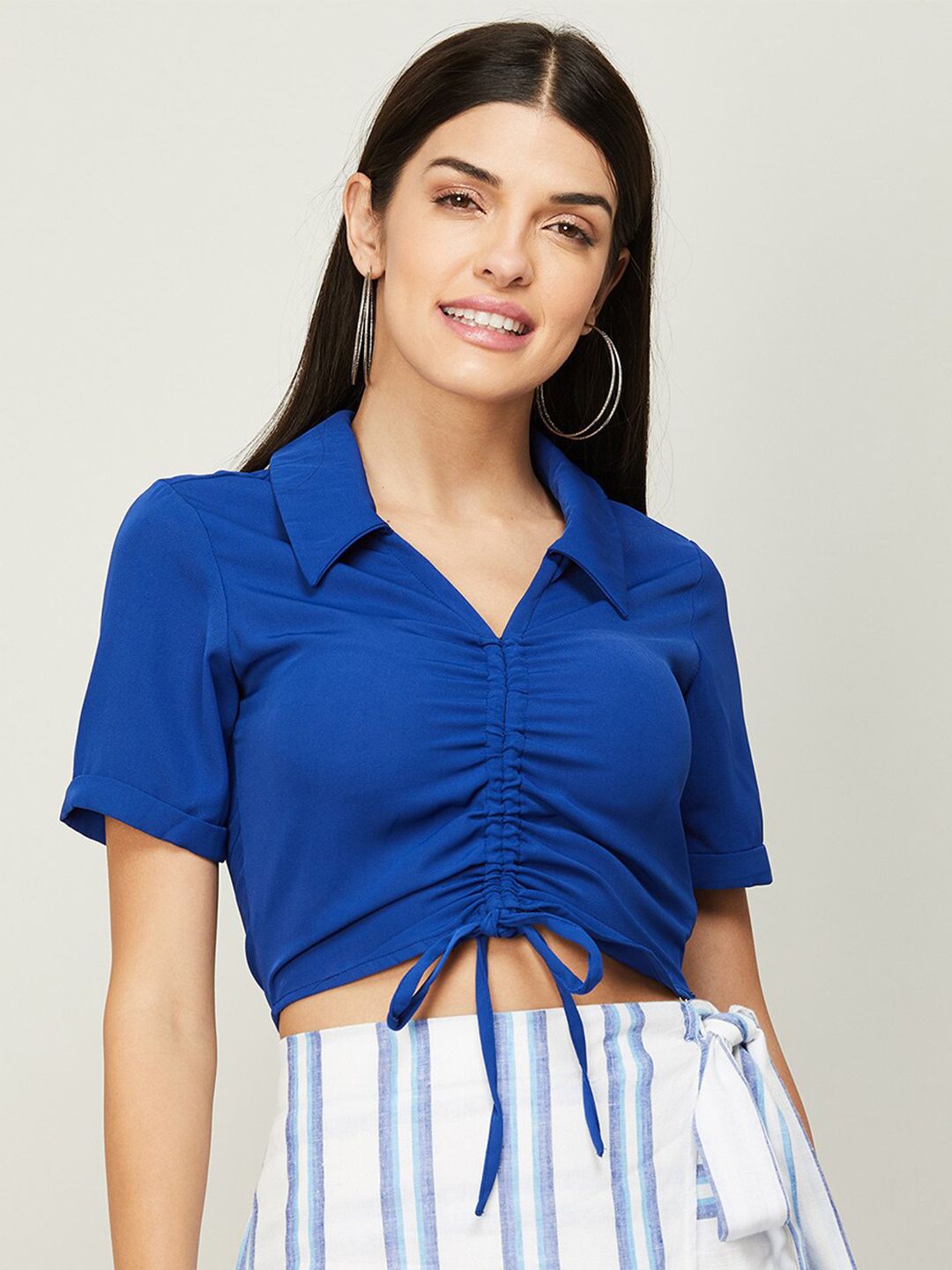 Ginger by Lifestyle Women Blue Solid Polyester Shirt Style Crop Top Price in India