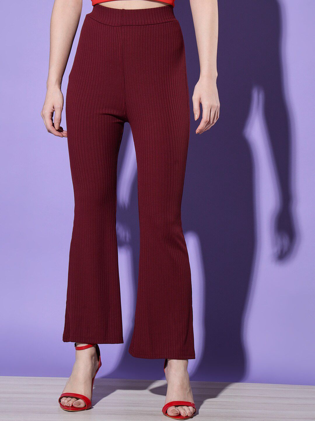 BUY NEW TREND Women Maroon Striped High-Rise Trousers Price in India