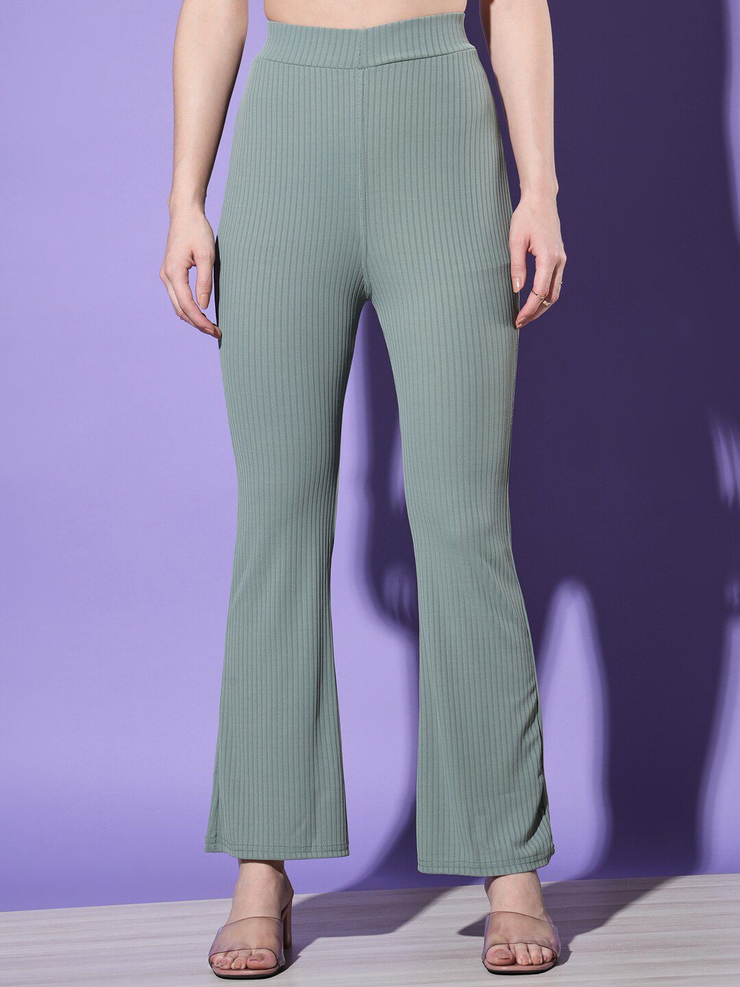 BUY NEW TREND Women Green Striped High-Rise Trousers Price in India