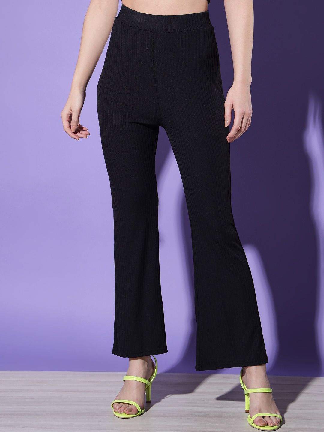 BUY NEW TREND Women Black Striped High-Rise Bootcut Trousers Price in India