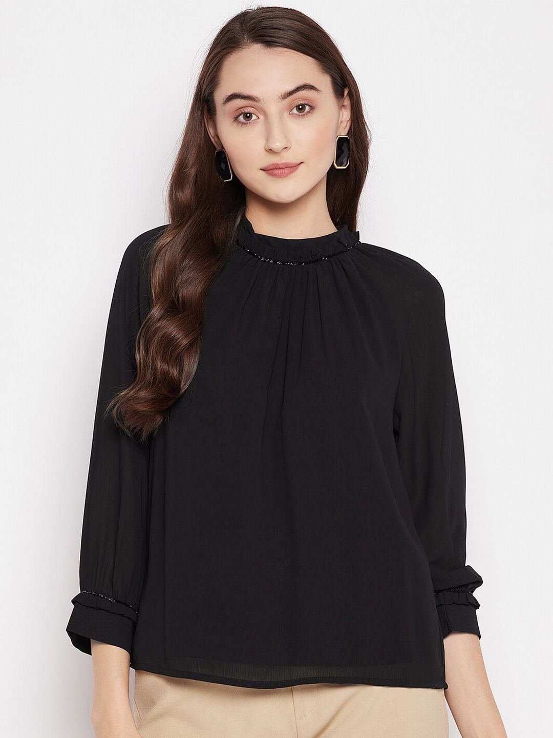 Madame Women Black Solid High Neck Top Price in India