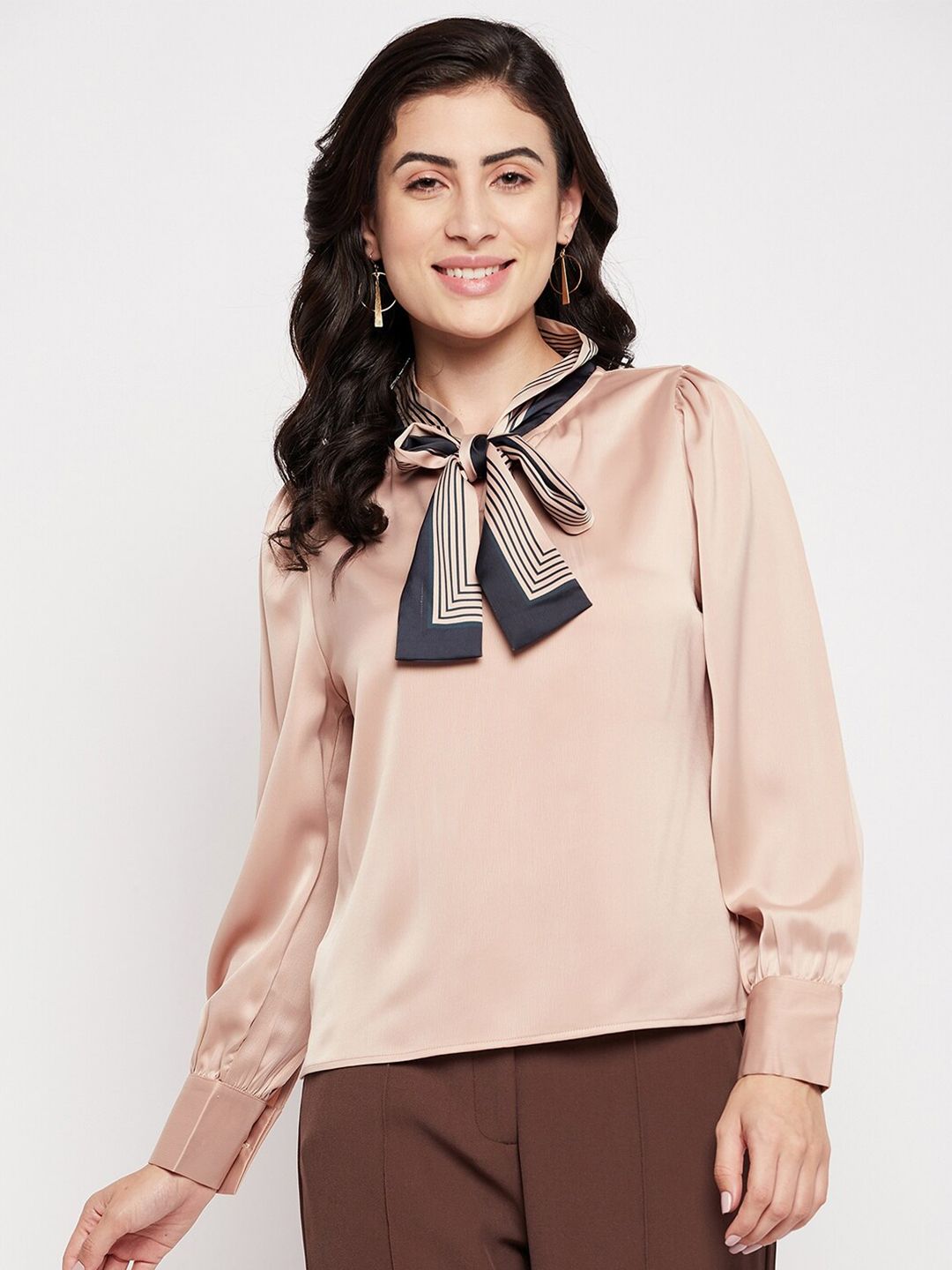 Madame Women Beige Tie-Up Neck Satin Top Price in India