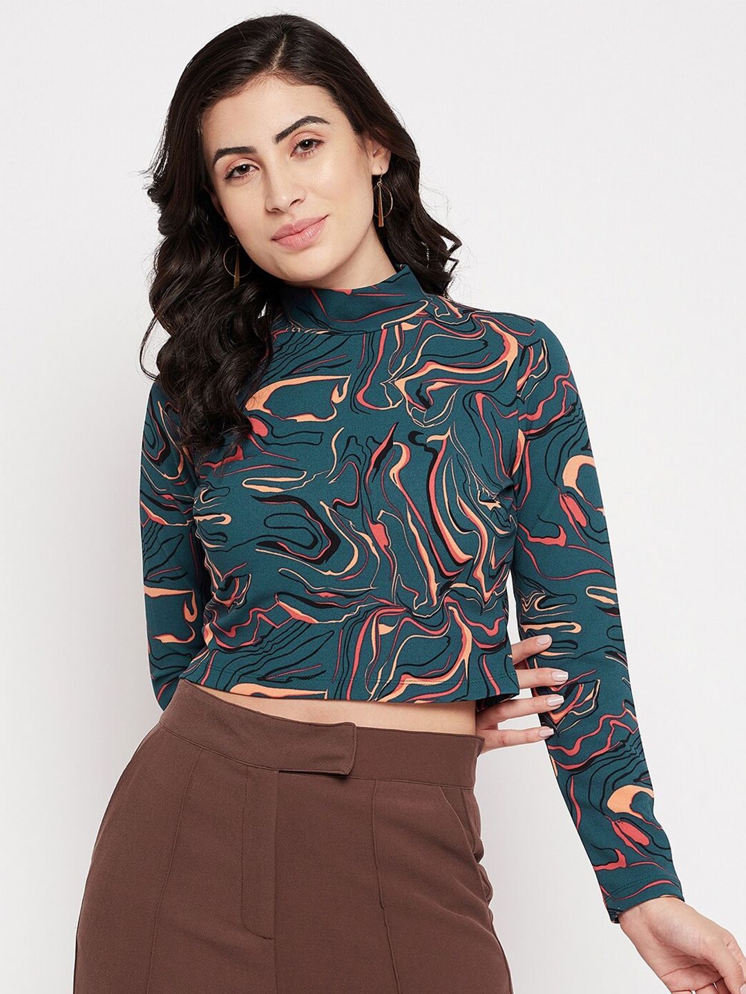 Madame Women Green Print Organic Cotton Crop Top Price in India