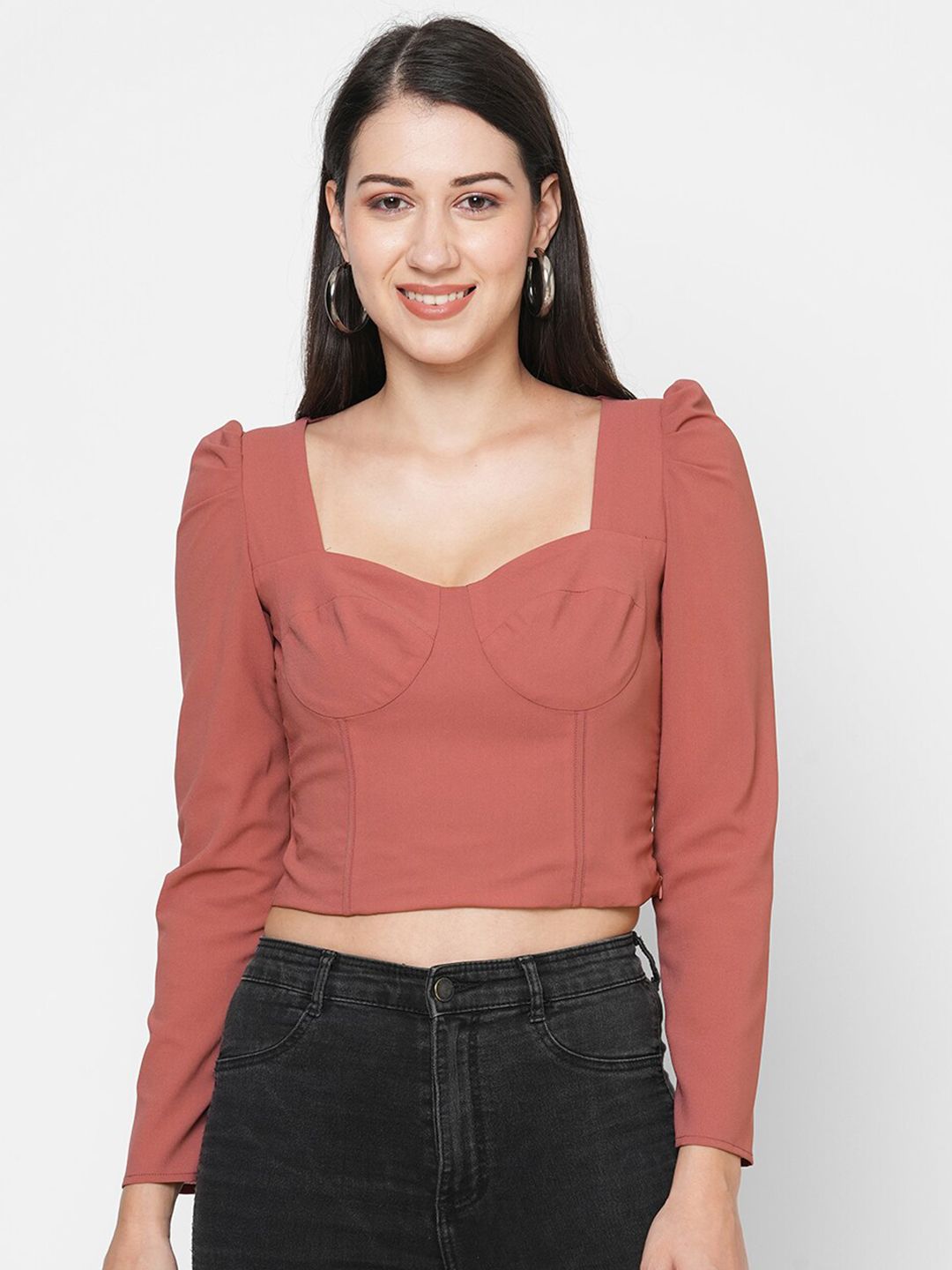 MISH Coffee Brown Sweetheart Neck Georgette Crop Top Price in India