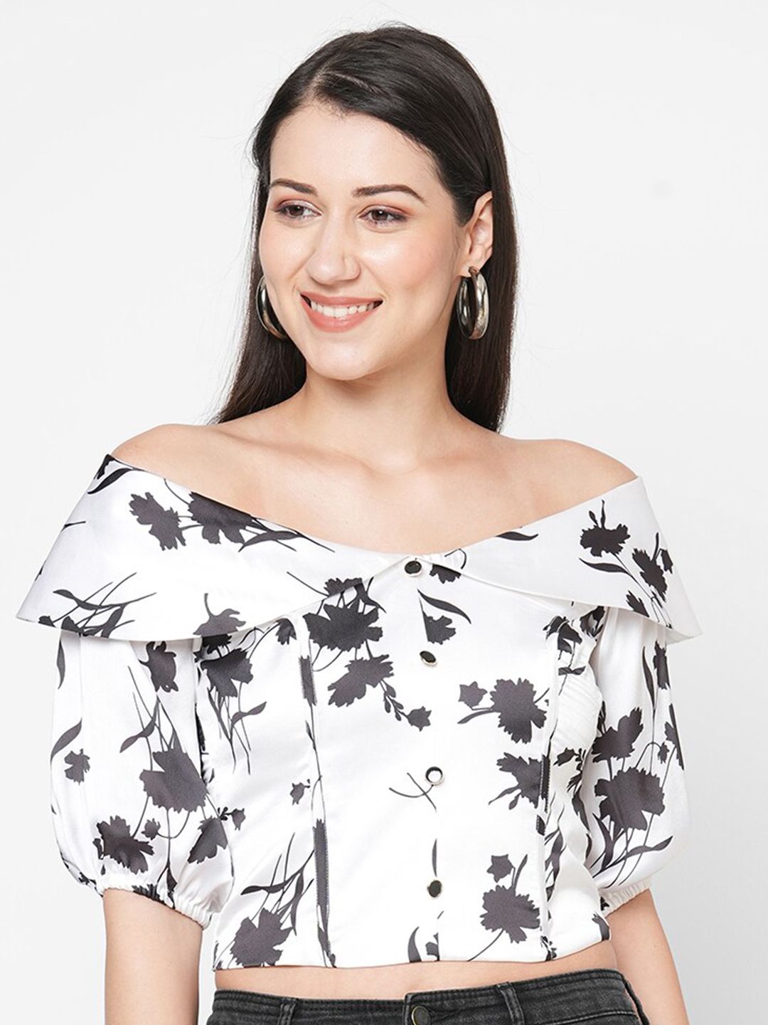 MISH Women Black & White Floral Print Off-Shoulder Bardot Crop Top Price in India