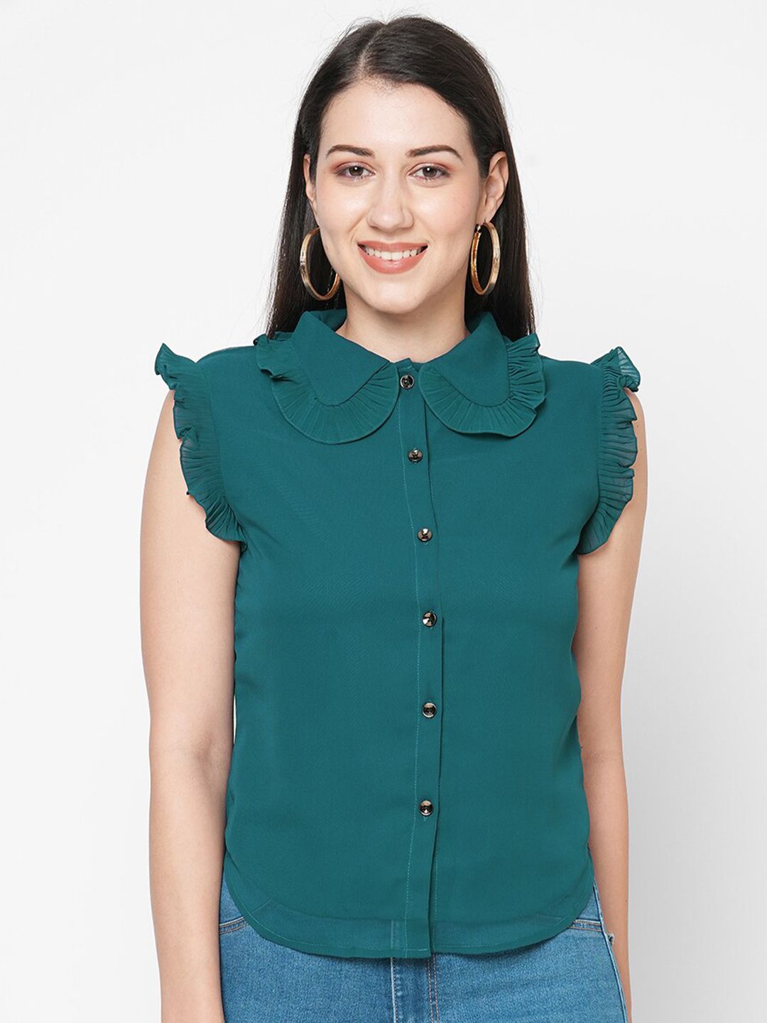 MISH Women Teal Peter Pan Collar Ruffles Georgette Shirt Style Top Price in India