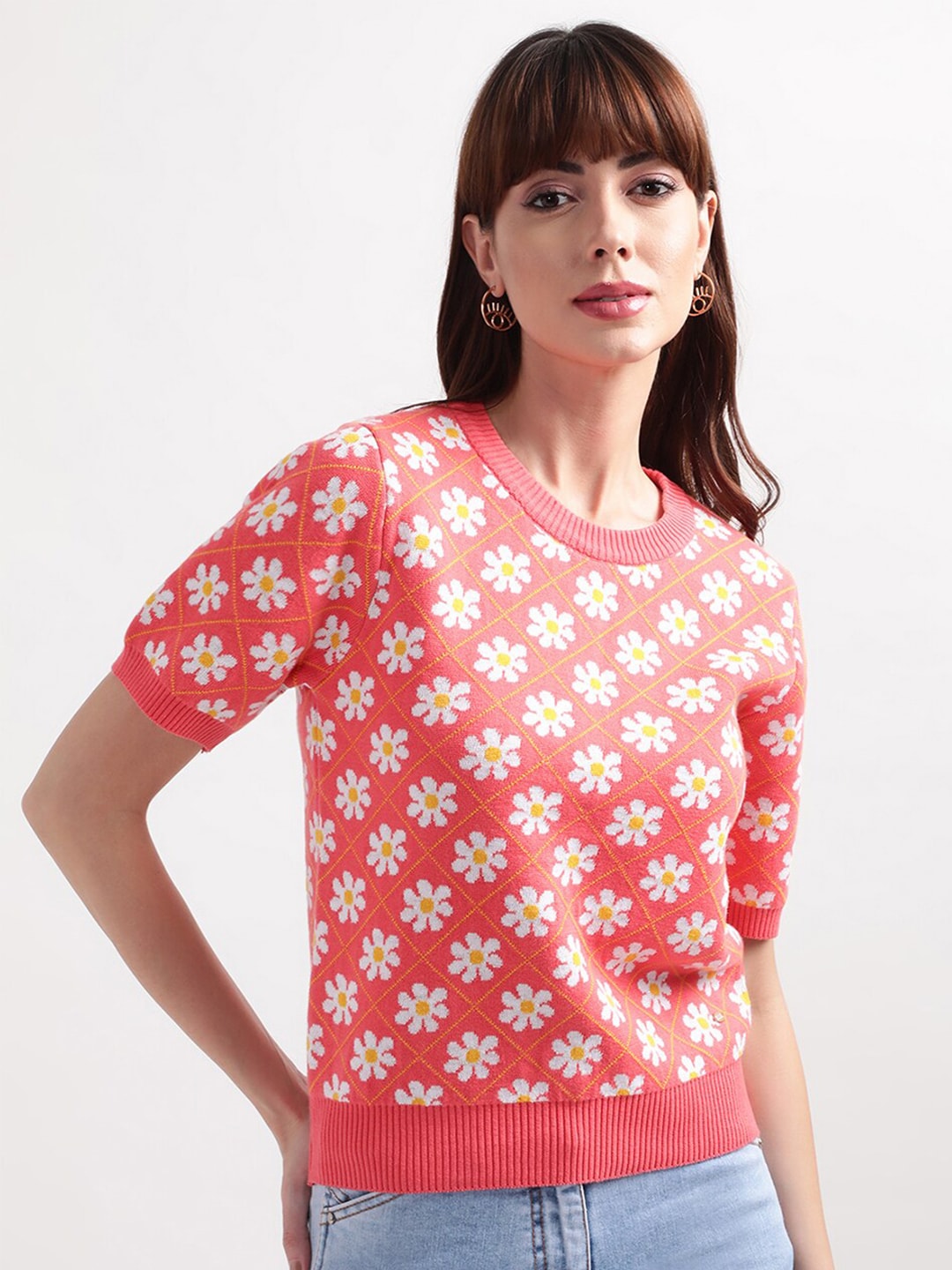 ELLE Women Coral & White Floral Printed Pure Cotton Top Price in India