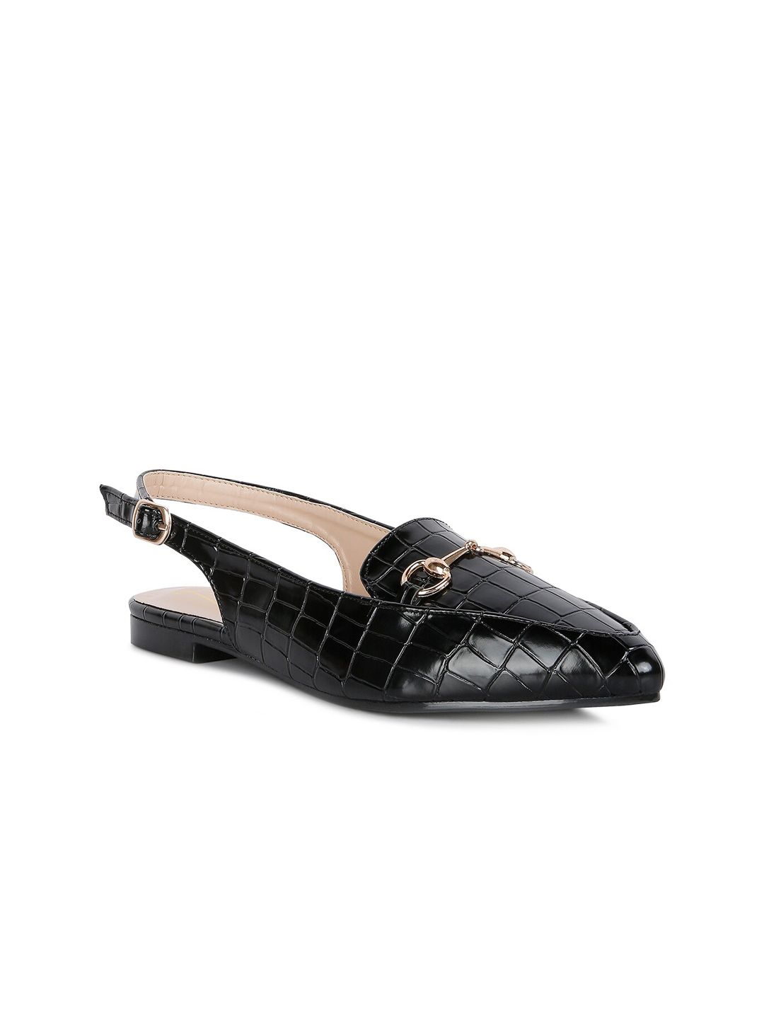 London Rag Women Black Textured Ballerinas with Buckles Flats