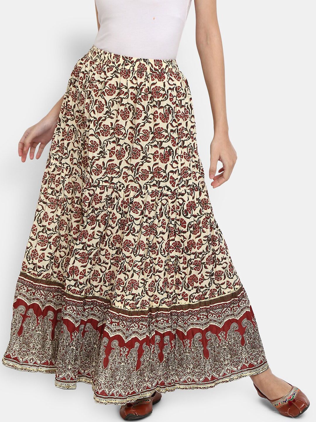 V-Mart Women Beige & Maroon Ethnic Floral Printed Pure Cotton Flared Skirt Price in India