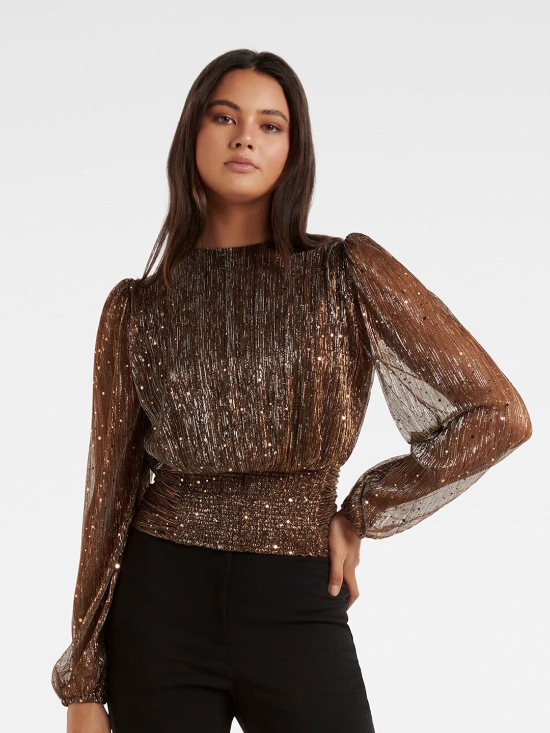 Forever New Bronze-Toned Print Blouson Top Price in India