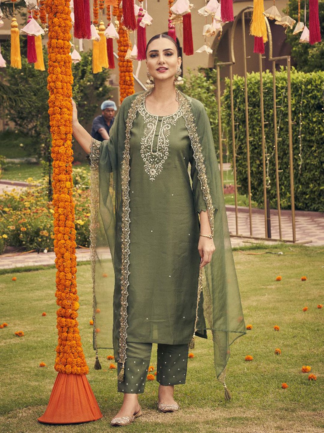 AUTUMN LANE Women Olive Green Embroidered Beads and Stones Kurta with Trousers & Dupatta Price in India