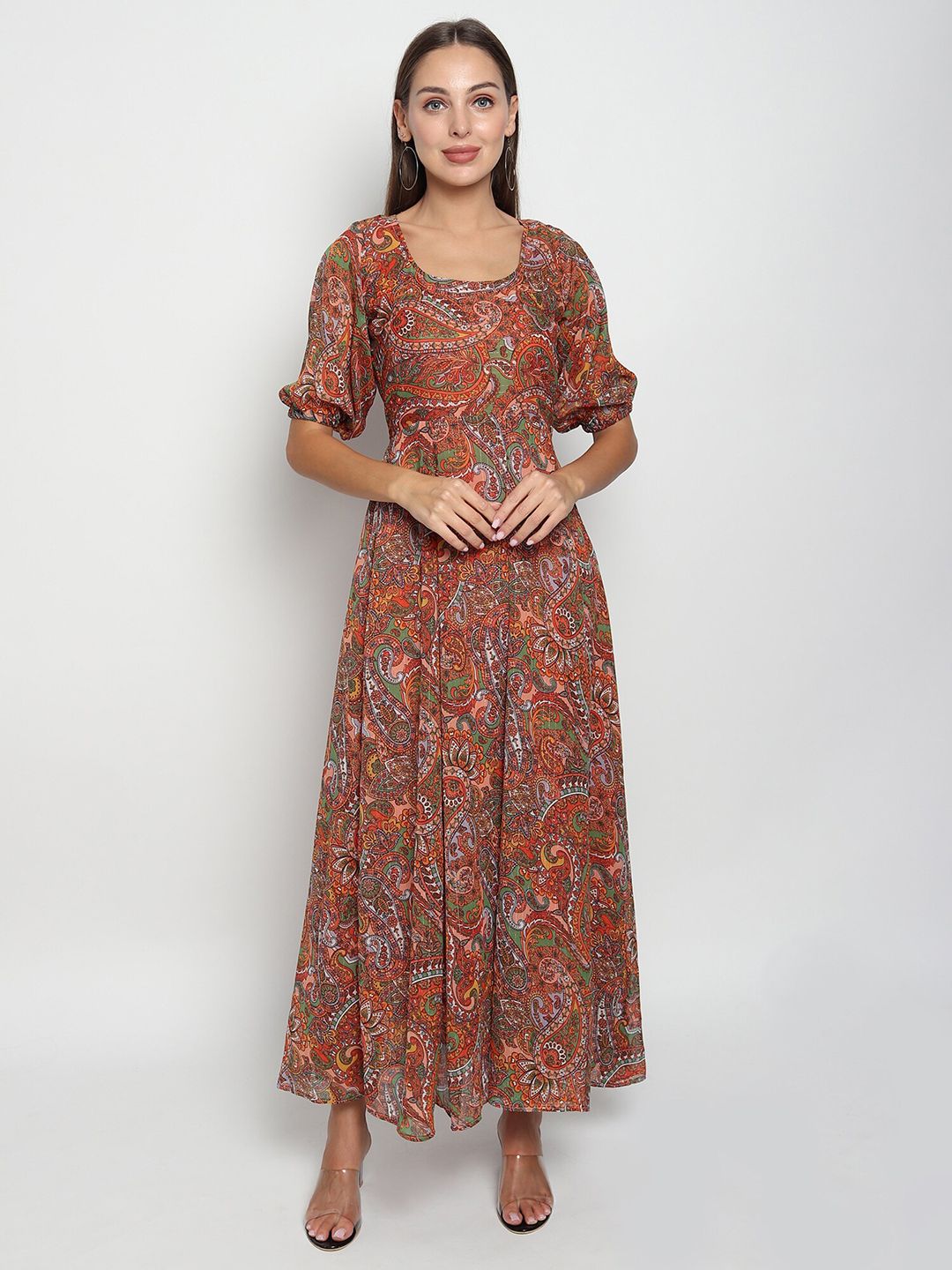 ISAM Brown Ethnic Motifs Printed Chiffon Maxi Dress Price in India