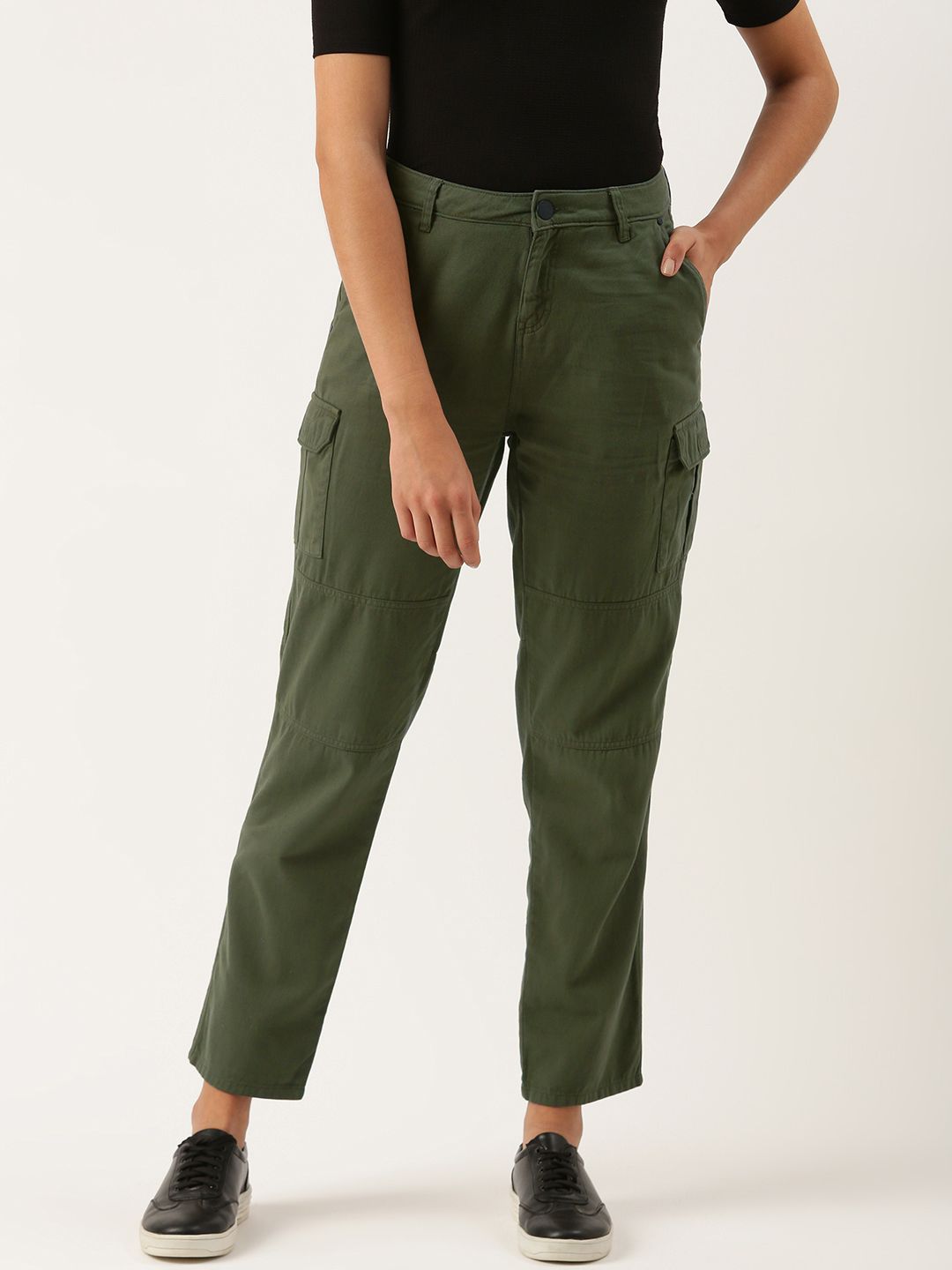 IVOC Women Olive Green Solid Pure Cotton Mid-Rise Slim Fit Cargos Trousers Price in India
