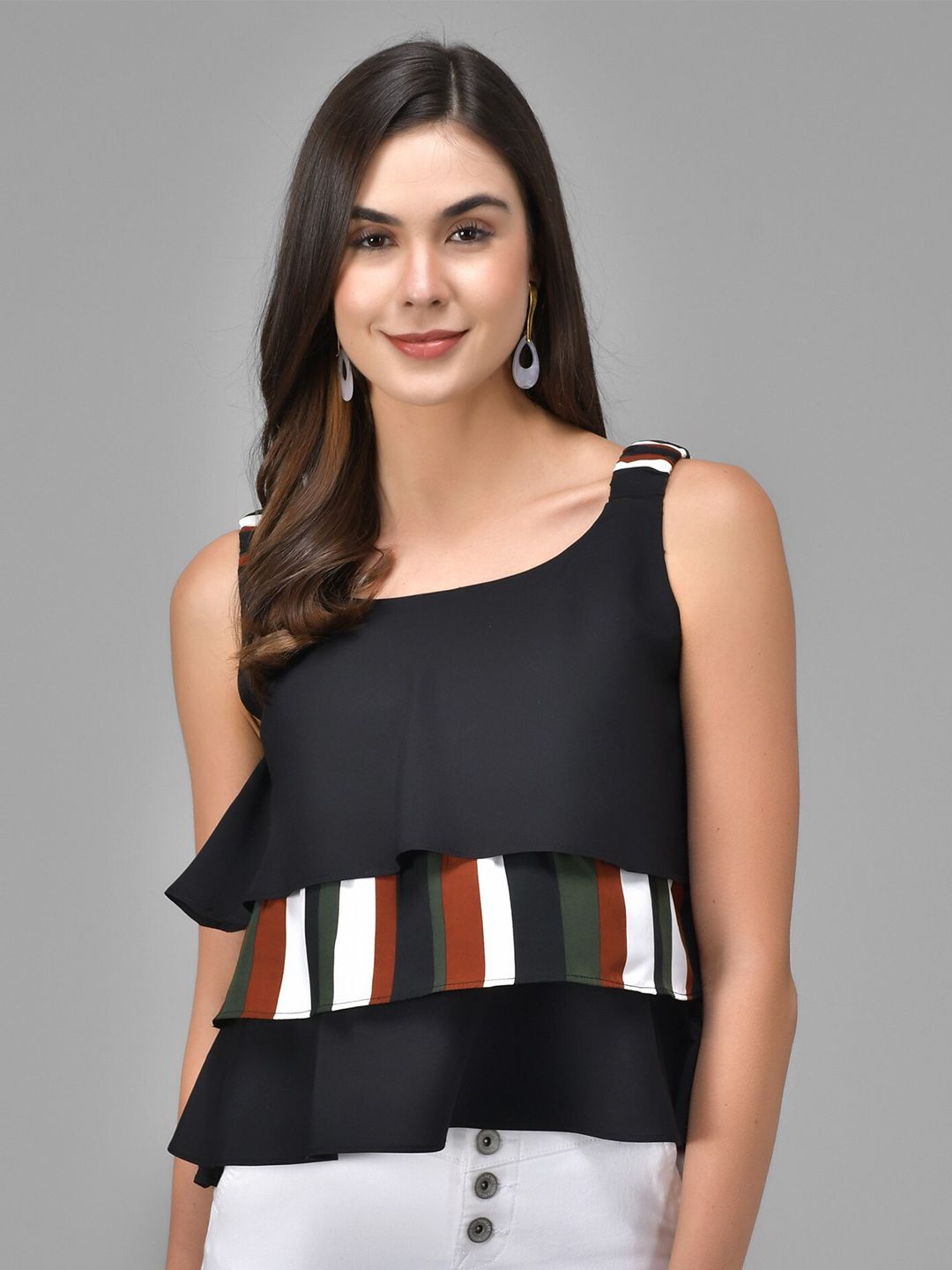 Kannan Black & Green Colourblocked Ruffles Crepe Tiered Top Price in India