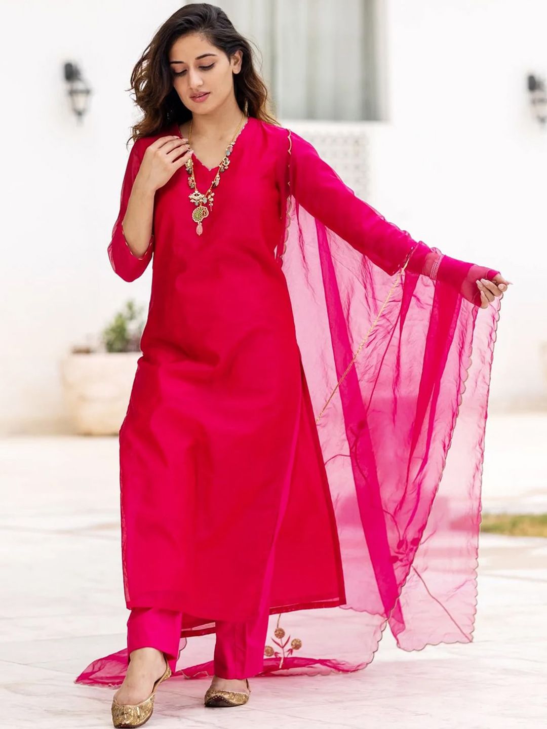 Ambraee Women Pink Chanderi Cotton Kurta with Trousers & Dupatta Price in India