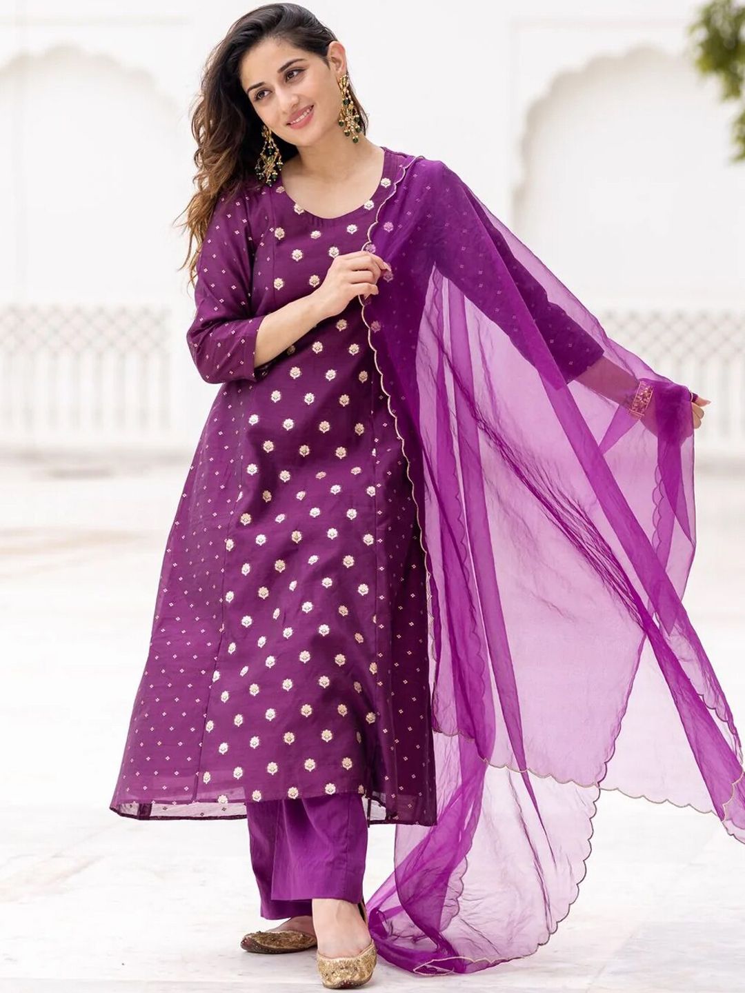 Ambraee Women Purple Ethnic Motifs Printed Chanderi Cotton Kurta with Trousers & With Dupatta Price in India