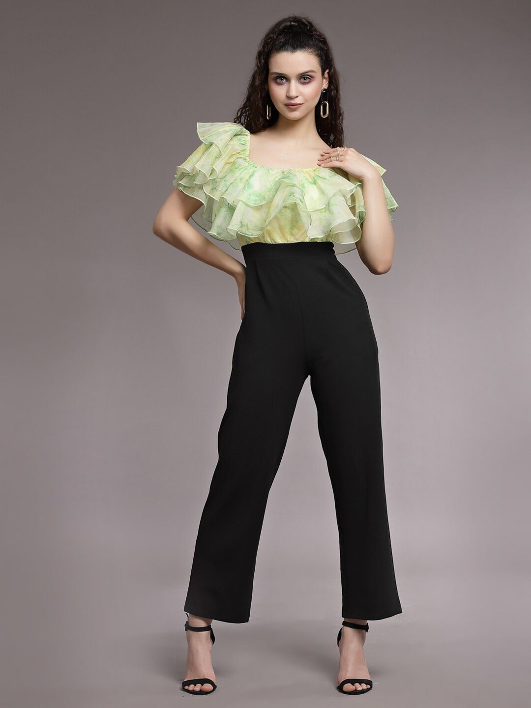KASSUALLY Green & Black Printed Basic Jumpsuit with Ruffles Price in India