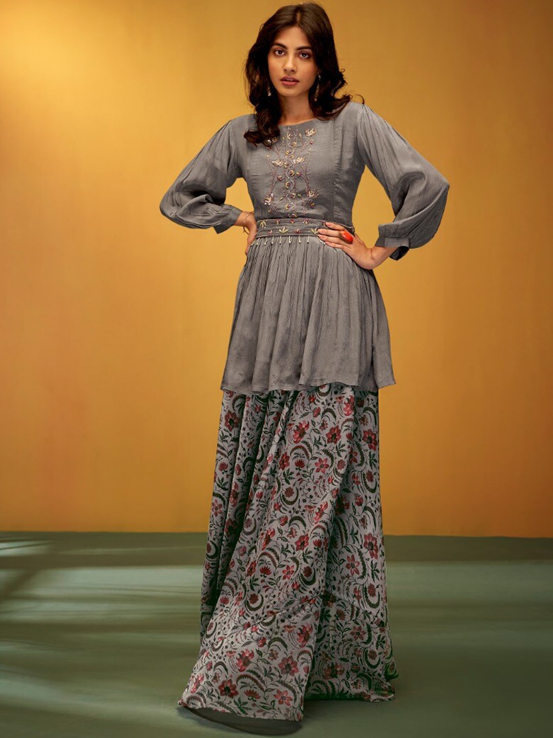 AUTUMN LANE Women Grey Printed Silk Chiffon Top with Skirt Price in India