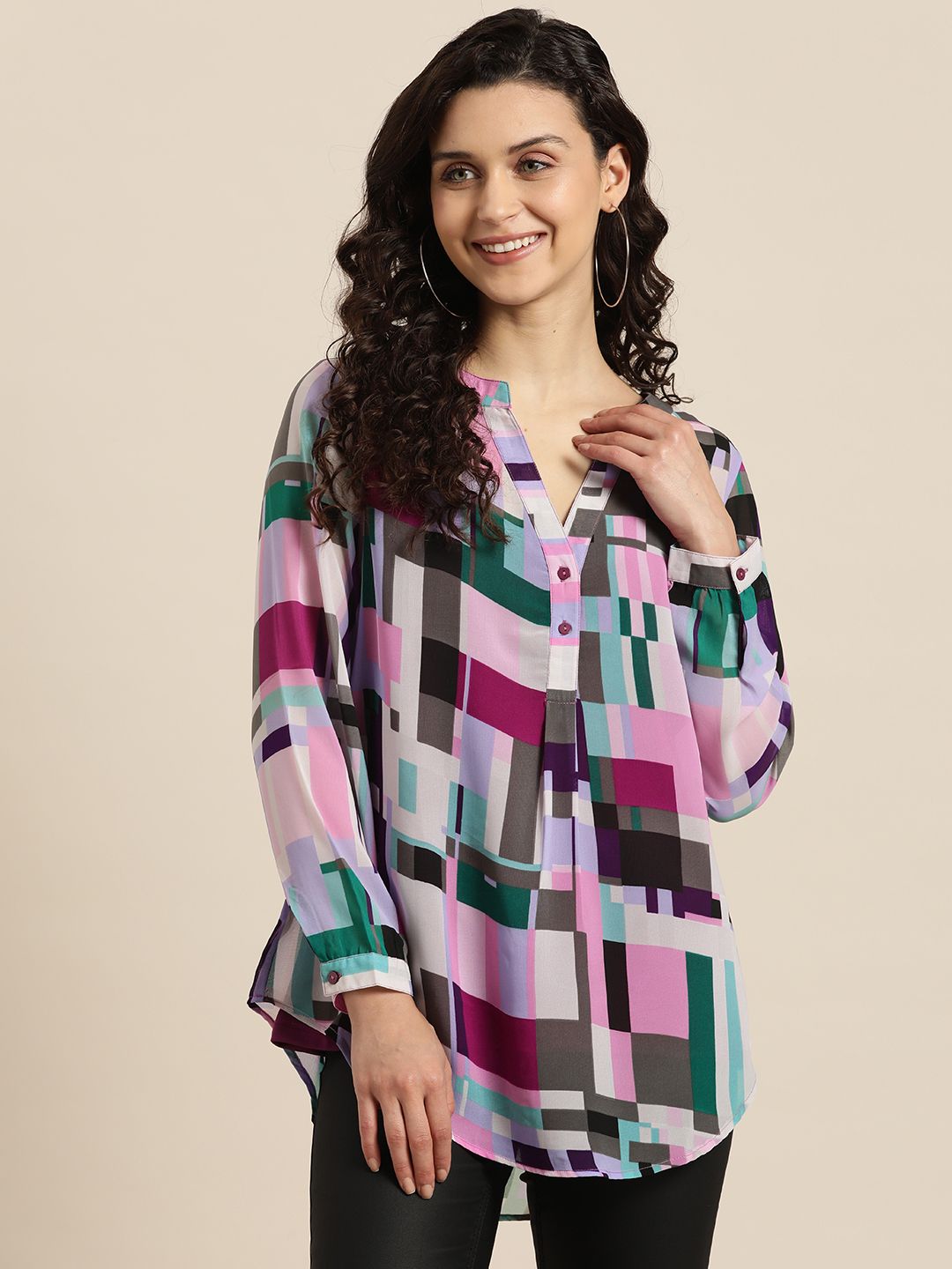 Qurvii Women Multicoloured Geometric Print Mandarin Collar Georgette Shirt Style Top Price in India