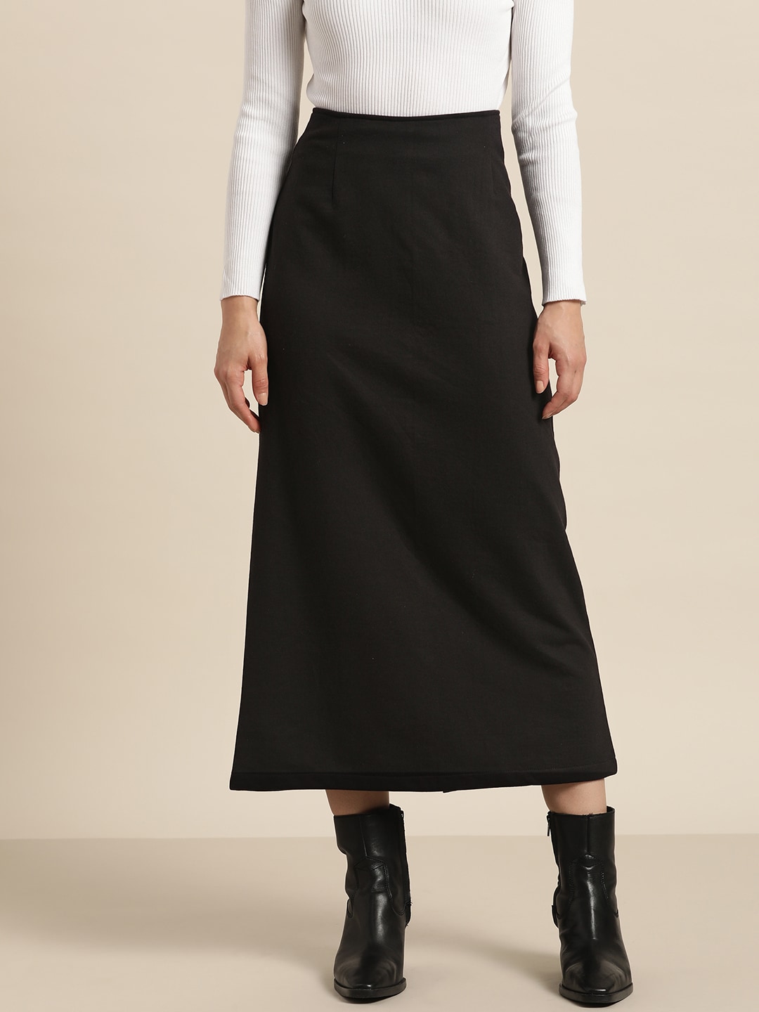 Qurvii Women Solid Black Fleece Midi A-Line Skirt with Back Slit Price in India